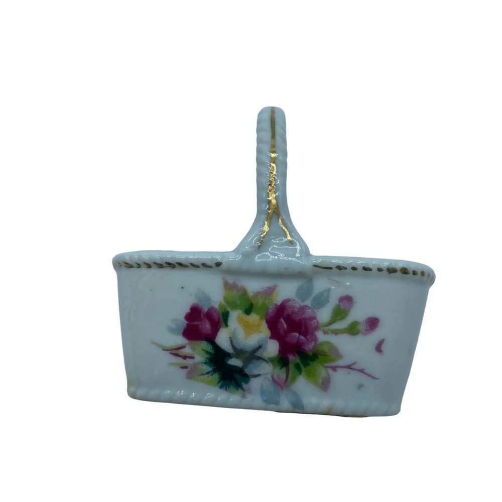 Rare Vintage Rose Miniature Trinket Basket Made in Japan 2.5" Wide